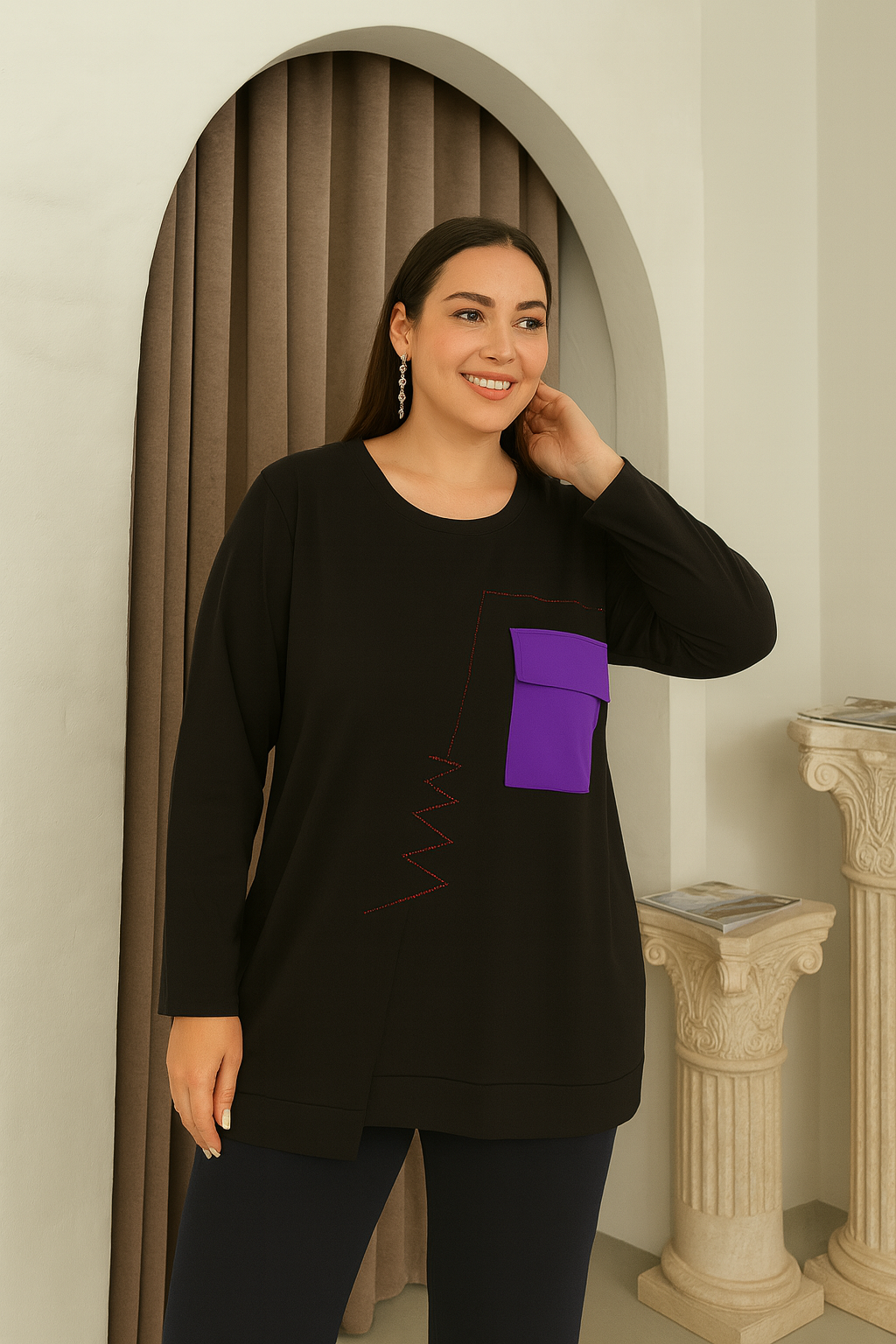 Bluză design modern cu buzunar mov