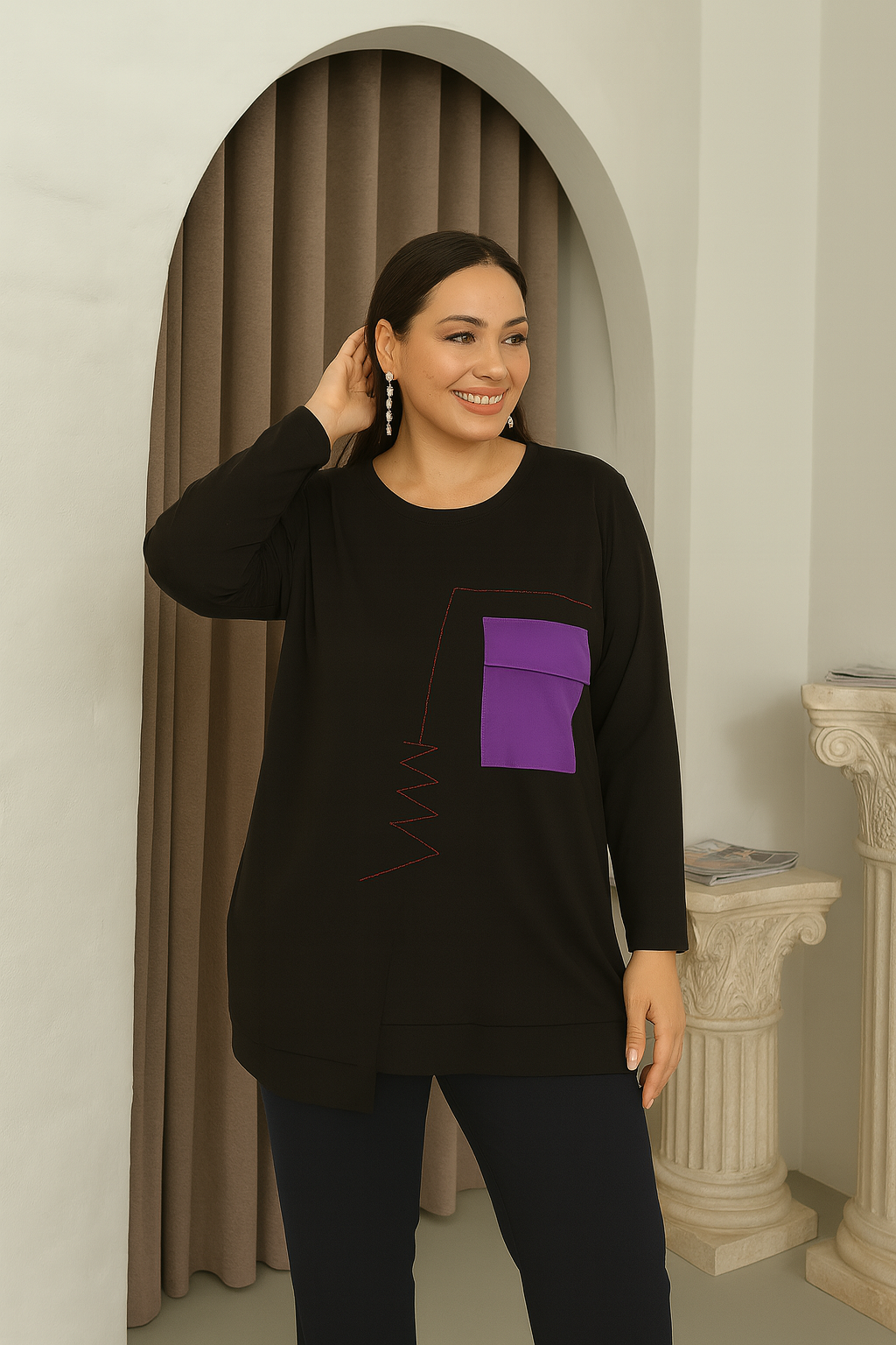 Bluză design modern cu buzunar mov