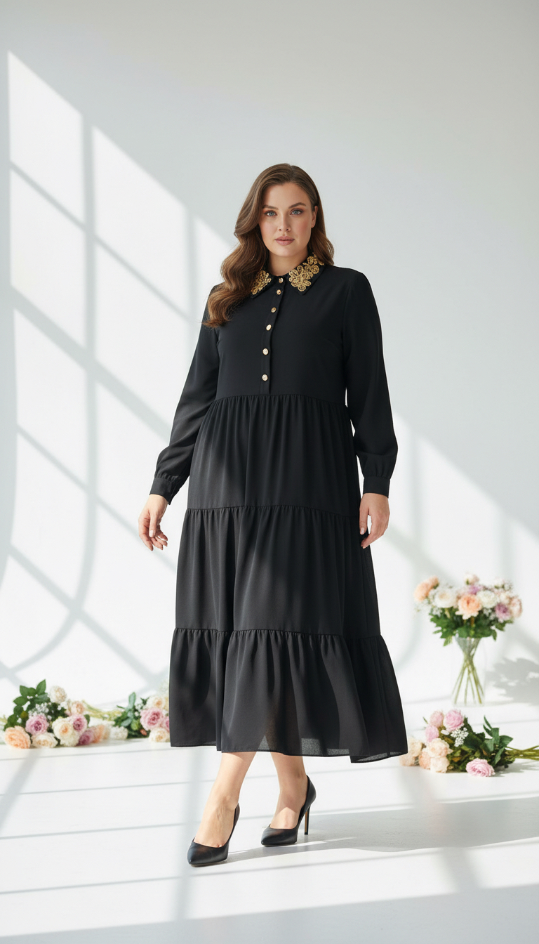 Rochie luxoasă evazată cu broderie pe guler și nasturi