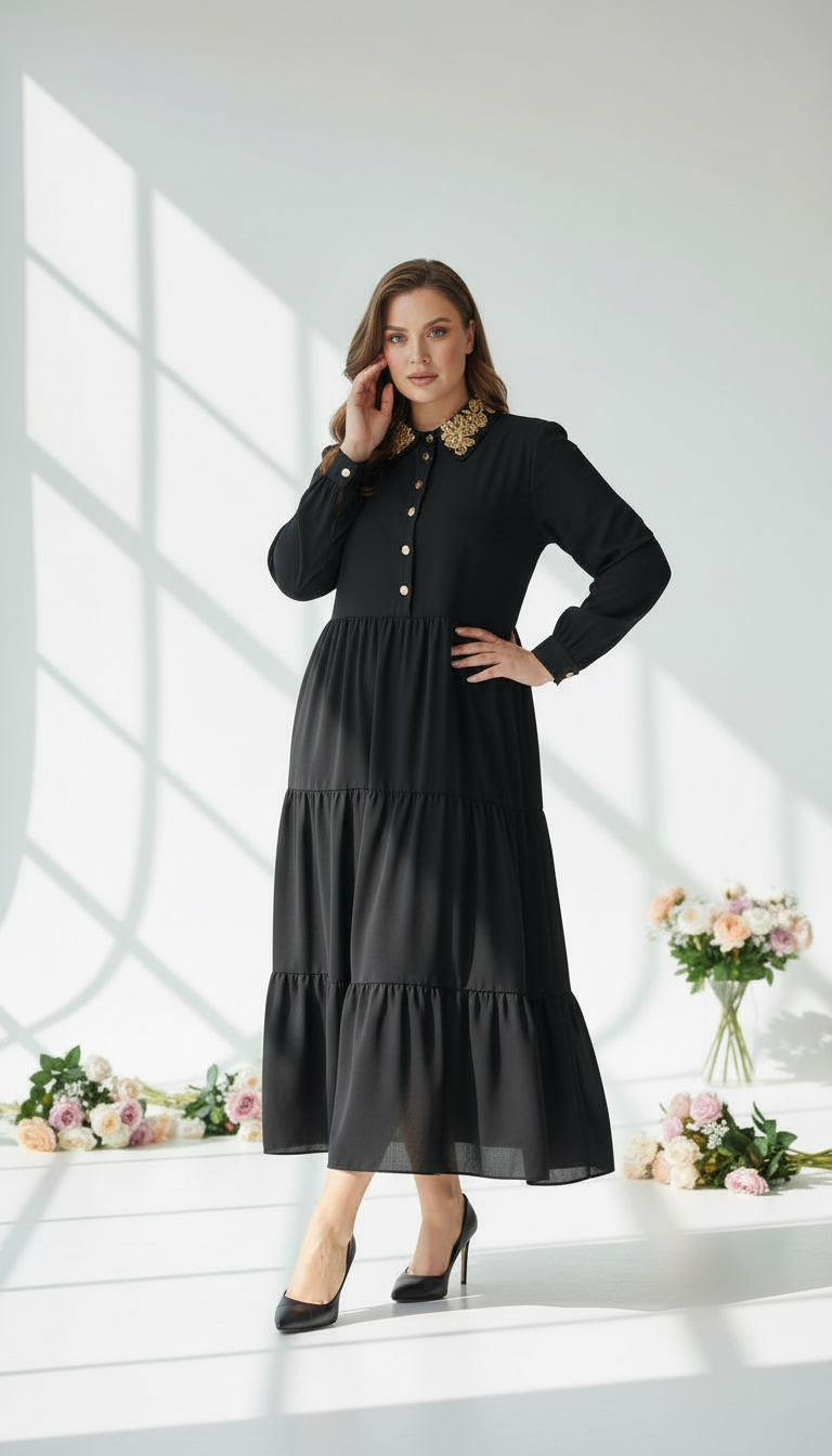 Rochie luxoasă evazată cu broderie pe guler și nasturi