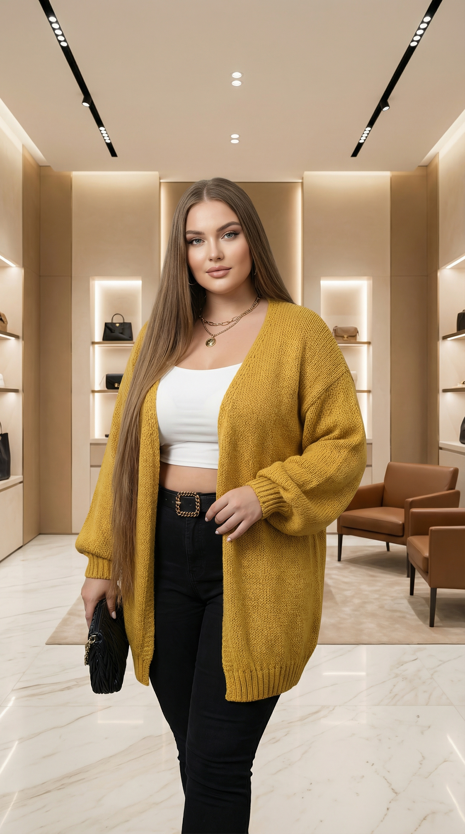 Cardigan lung tricotat croială lejeră muștar