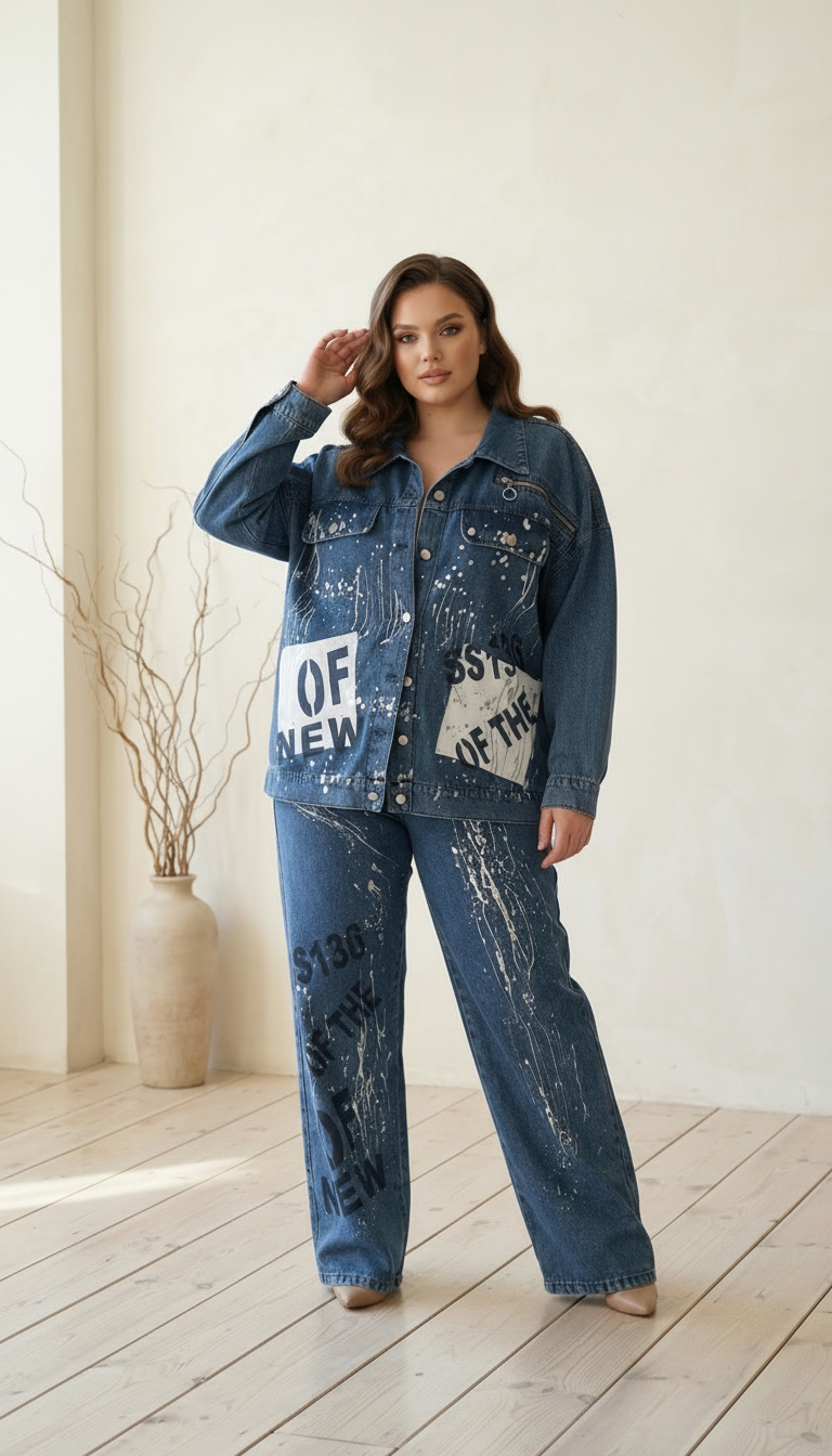 Set de designer din denim jachetă din denim și pantaloni evazați