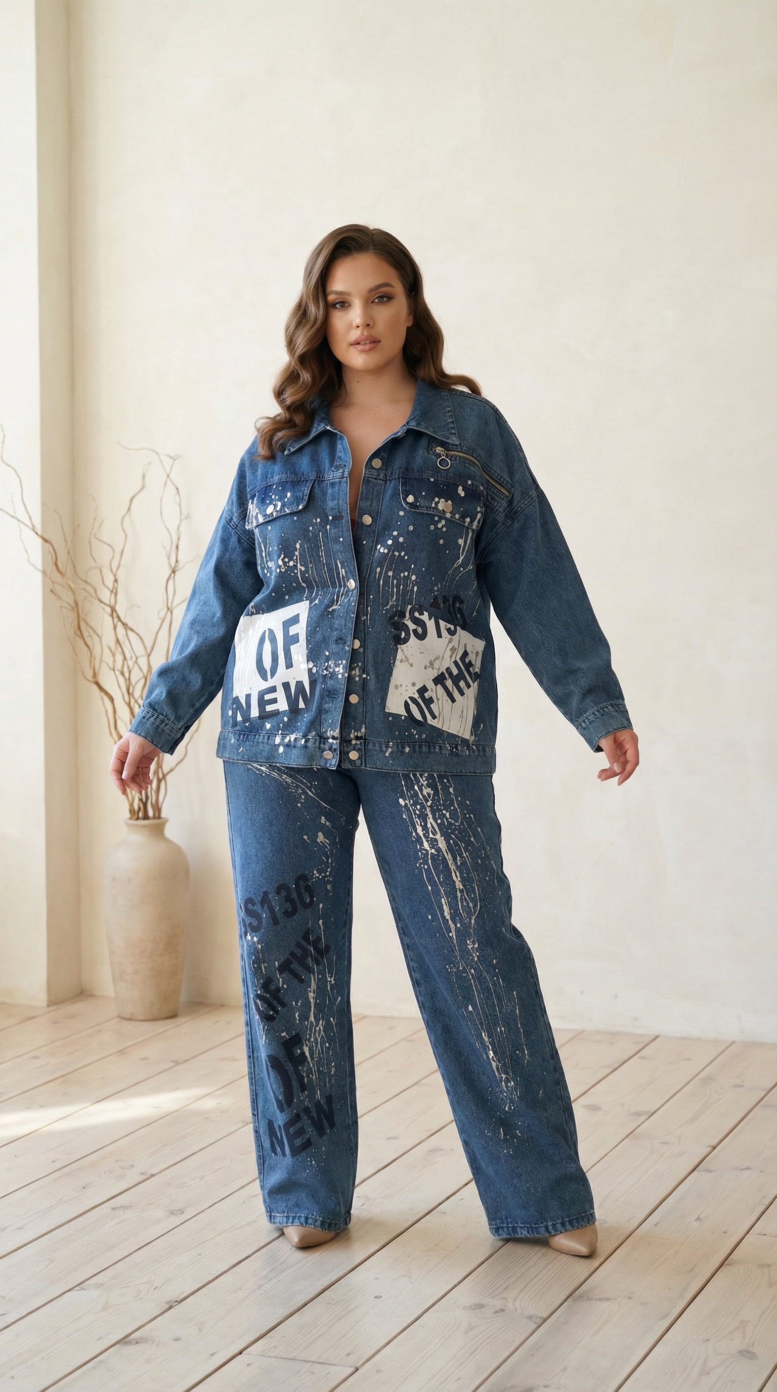 Set de designer din denim jachetă din denim și pantaloni evazați