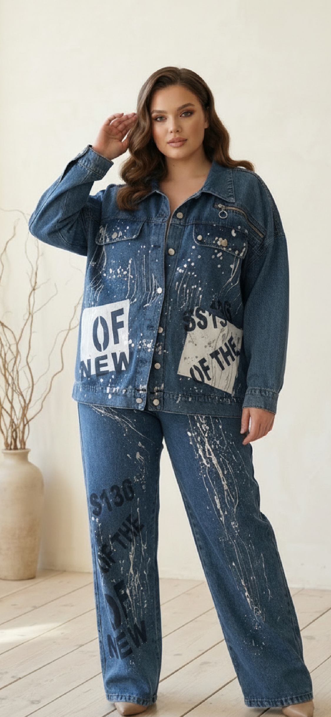 Set de designer din denim jachetă din denim și pantaloni evazați