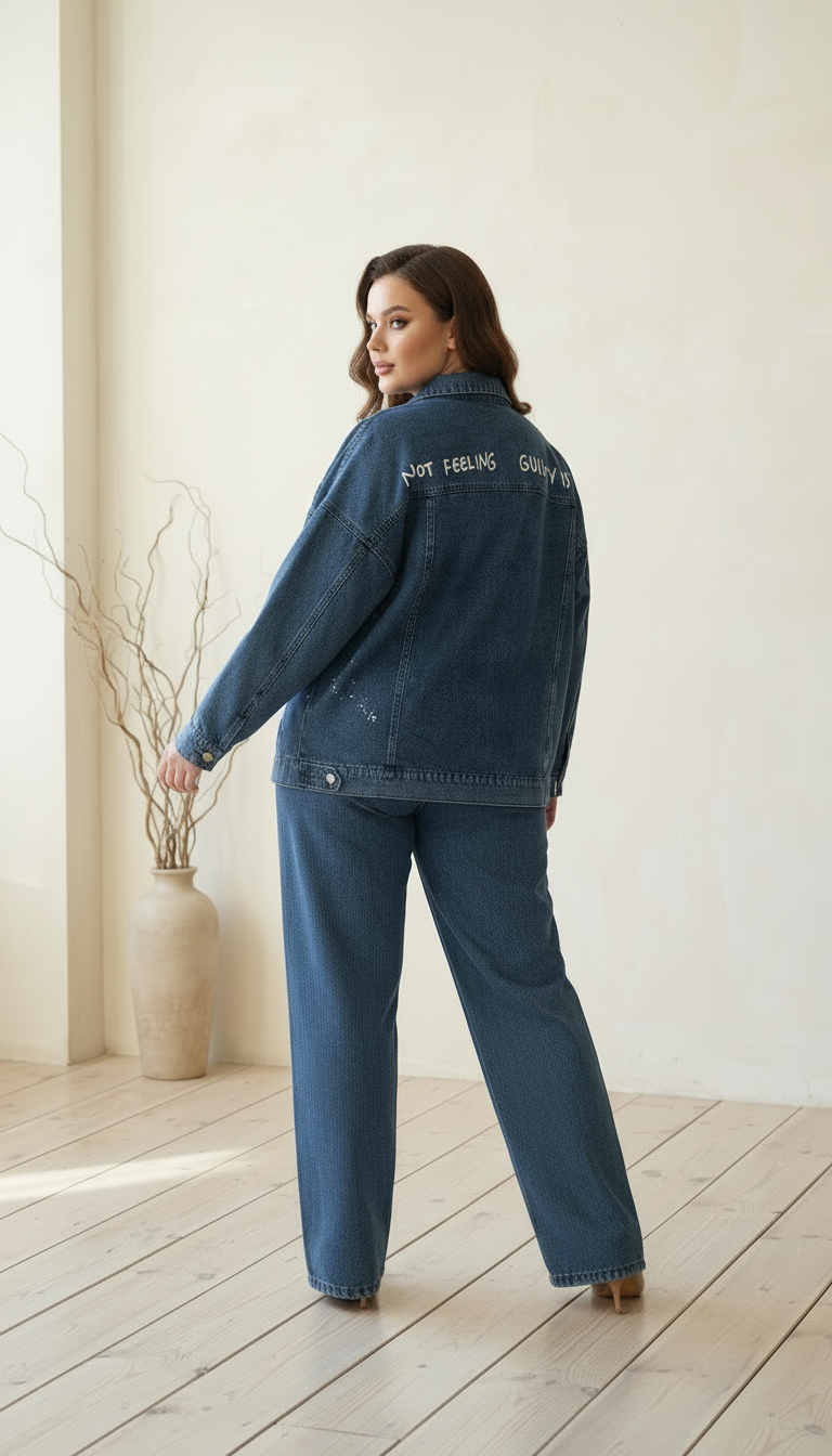 Set de designer din denim jachetă din denim și pantaloni evazați