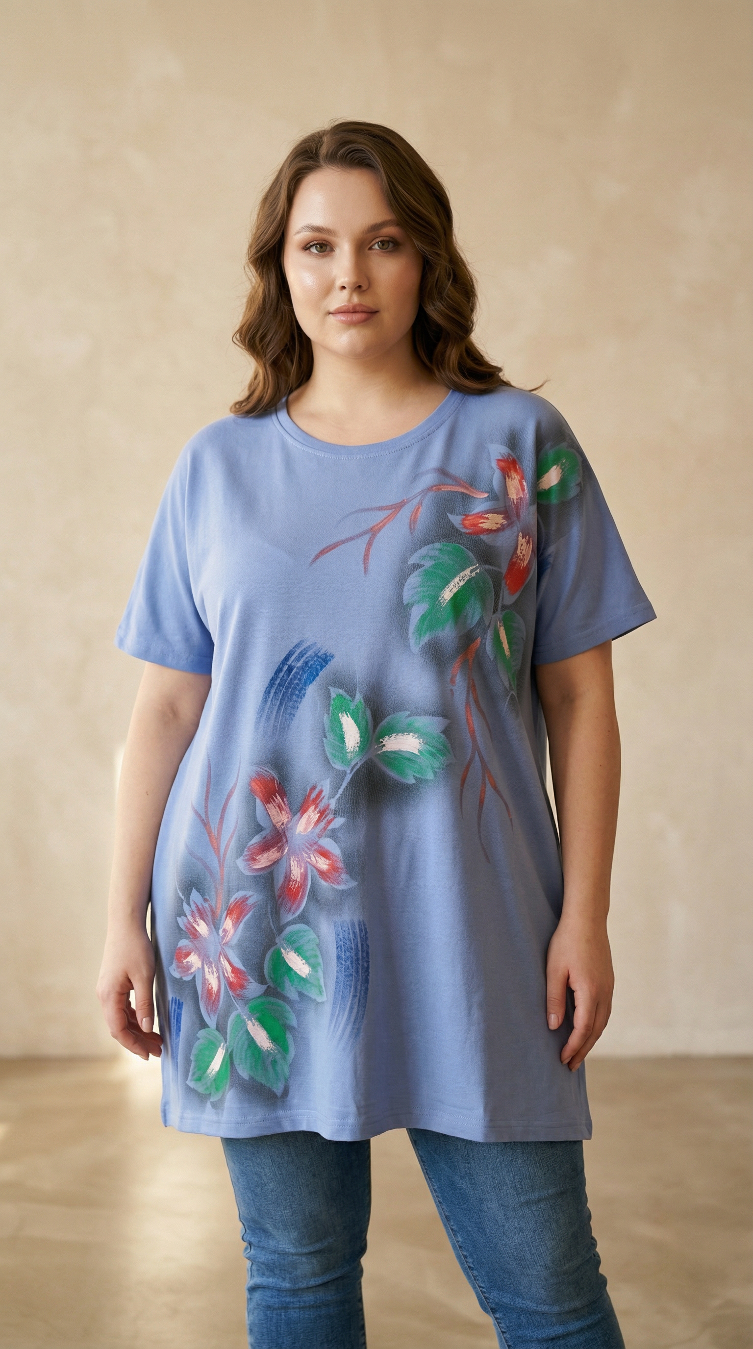 Tunică bleu cu model artistic floral PLUS SIZE