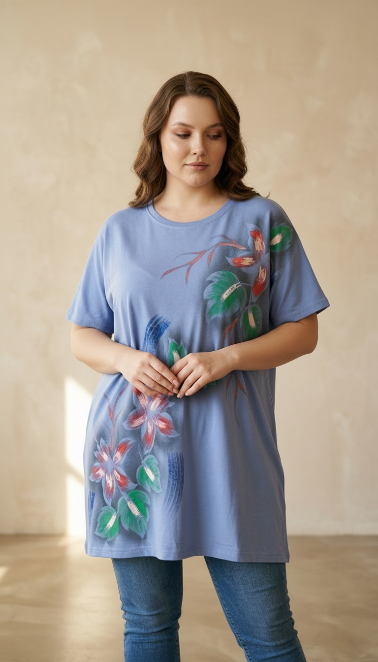 Tunică bleu cu model artistic floral PLUS SIZE