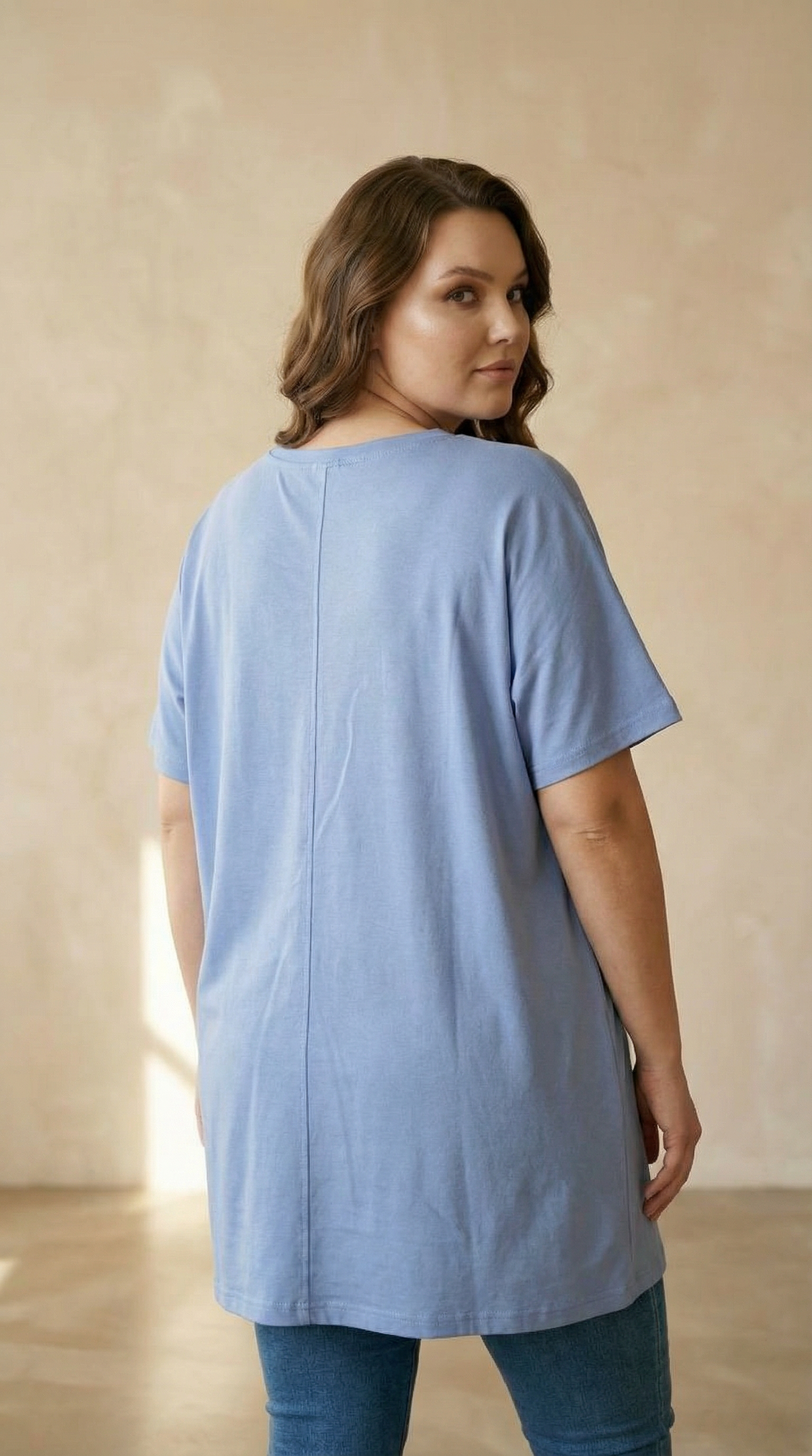 Tunică bleu cu model artistic floral PLUS SIZE