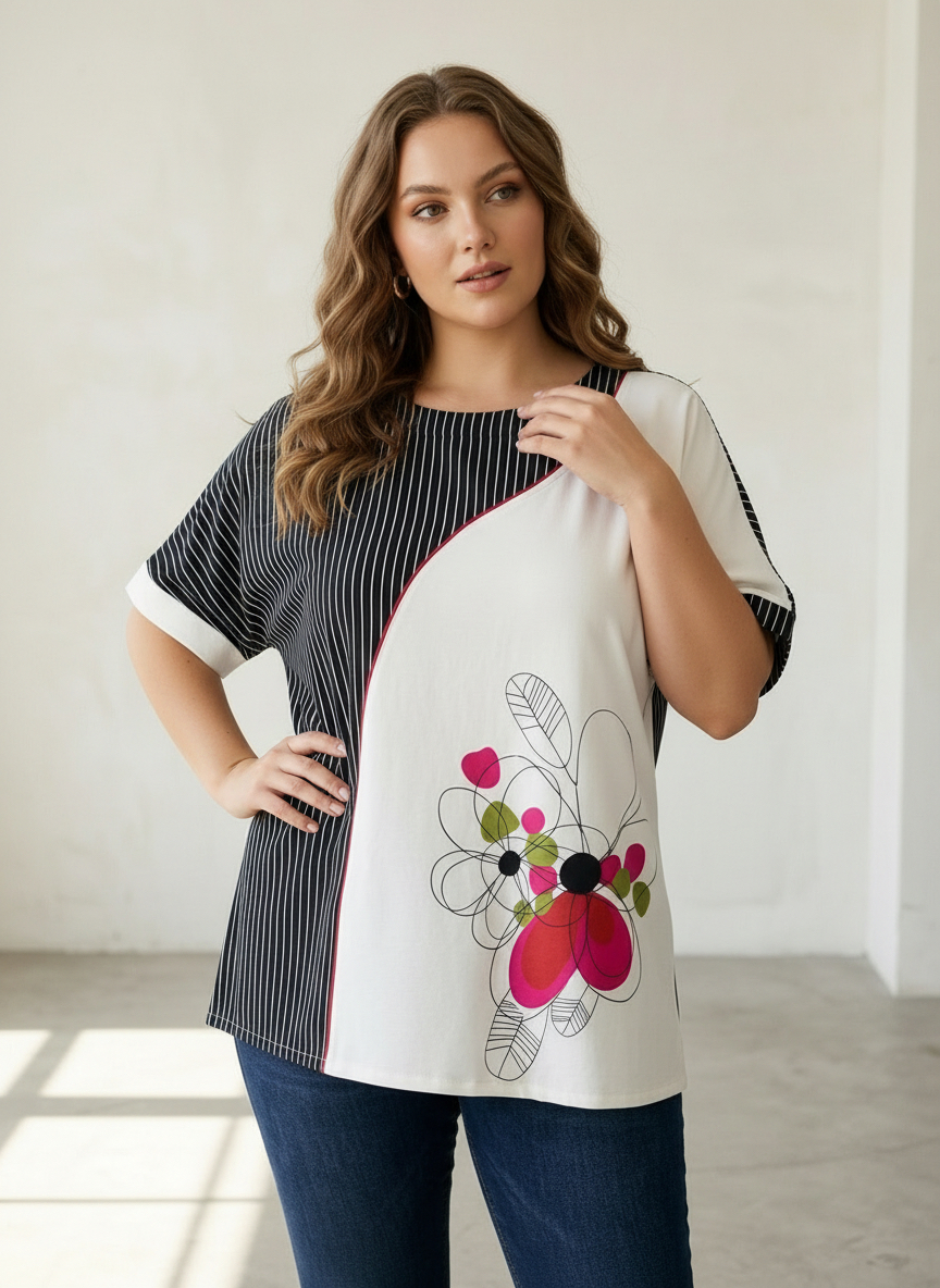 Tunică modernă PLUS SIZE bleumarin cu broderie florală