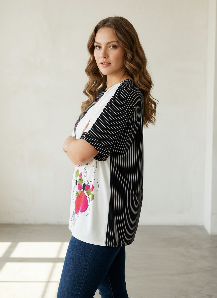 Tunică modernă PLUS SIZE bleumarin cu broderie florală