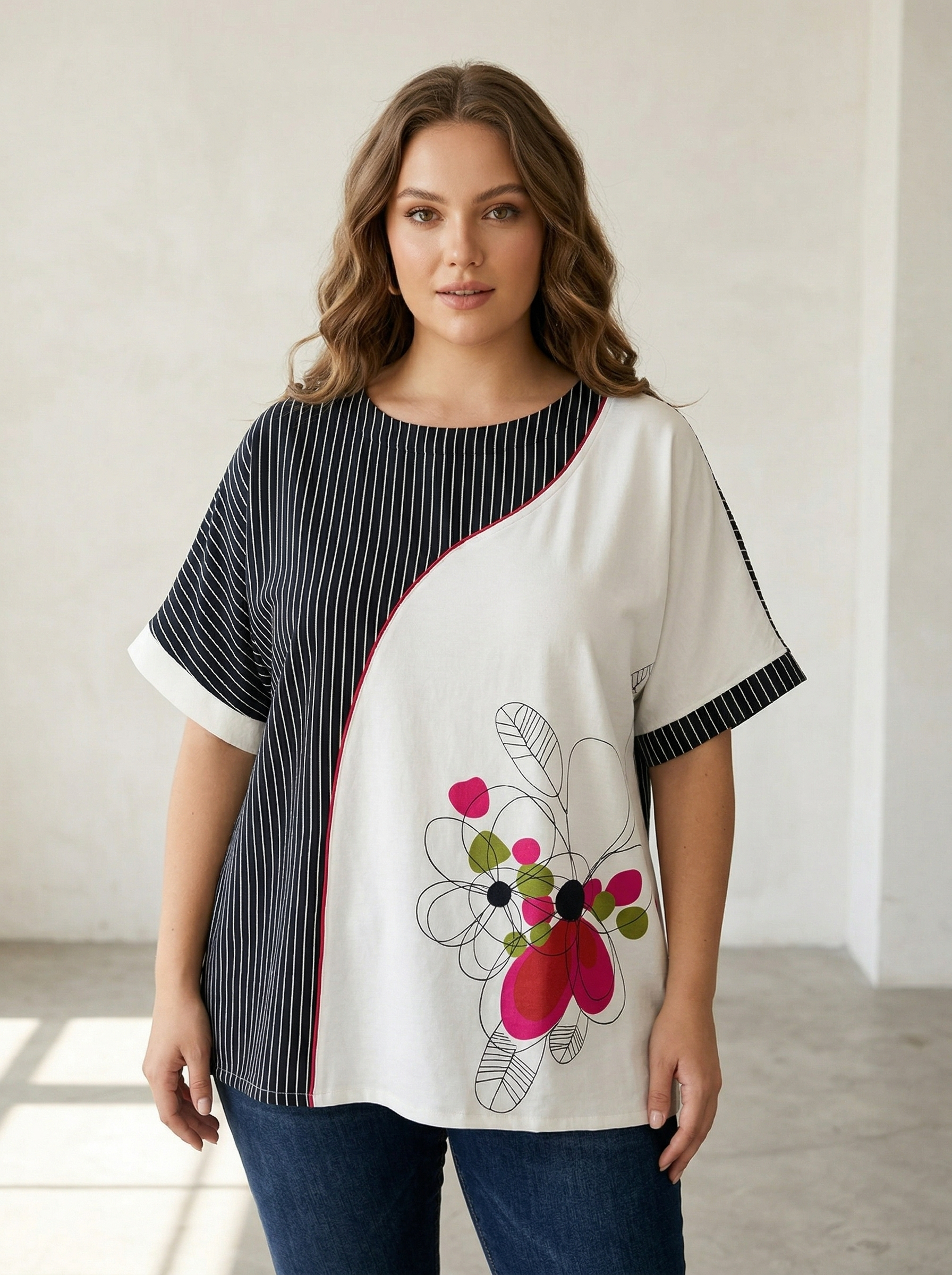 Tunică modernă PLUS SIZE bleumarin cu broderie florală