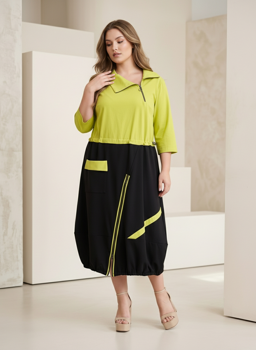 Rochie modernă mărimi mari cu accent de culoare lime