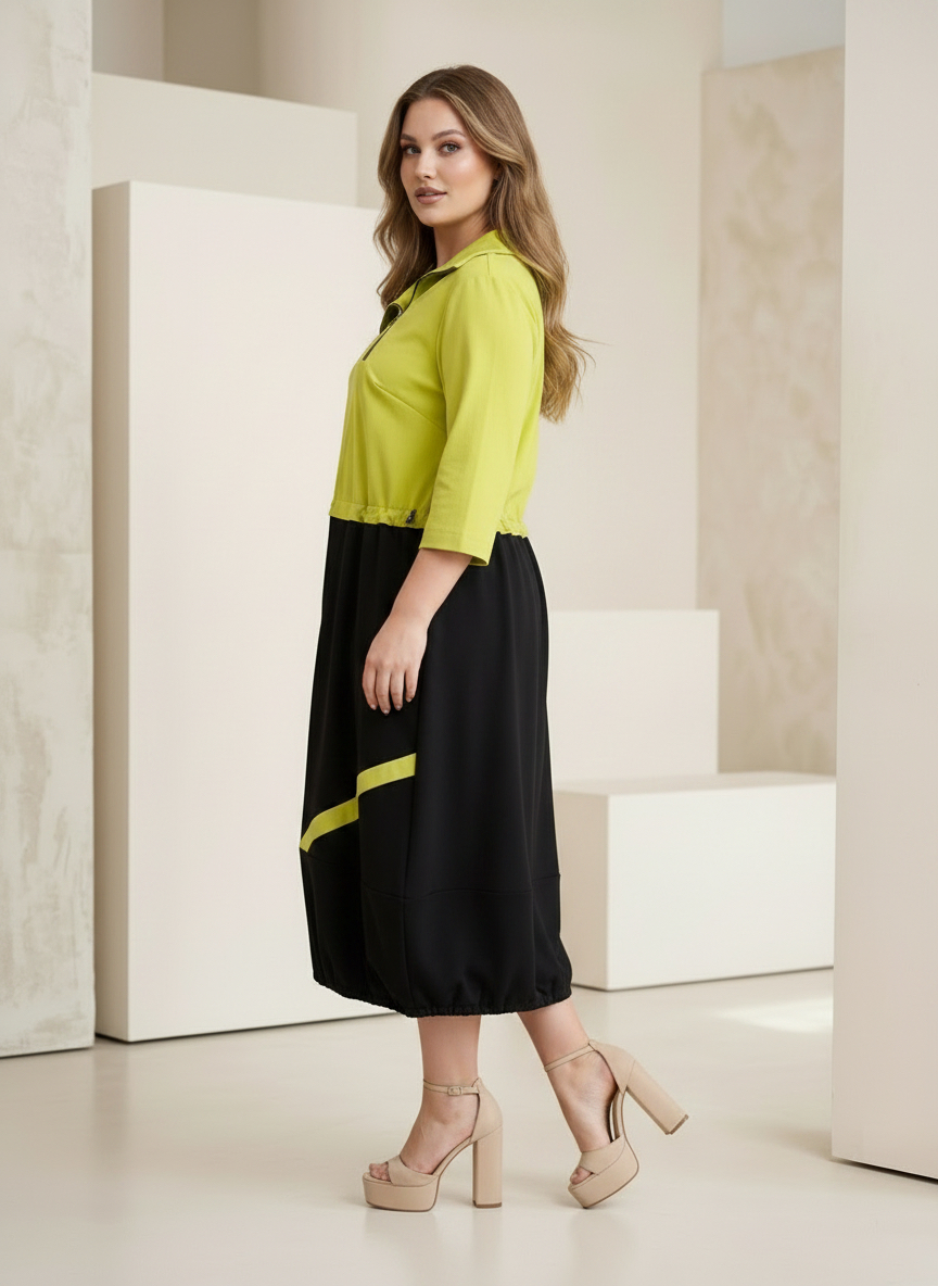 Rochie modernă mărimi mari cu accent de culoare lime