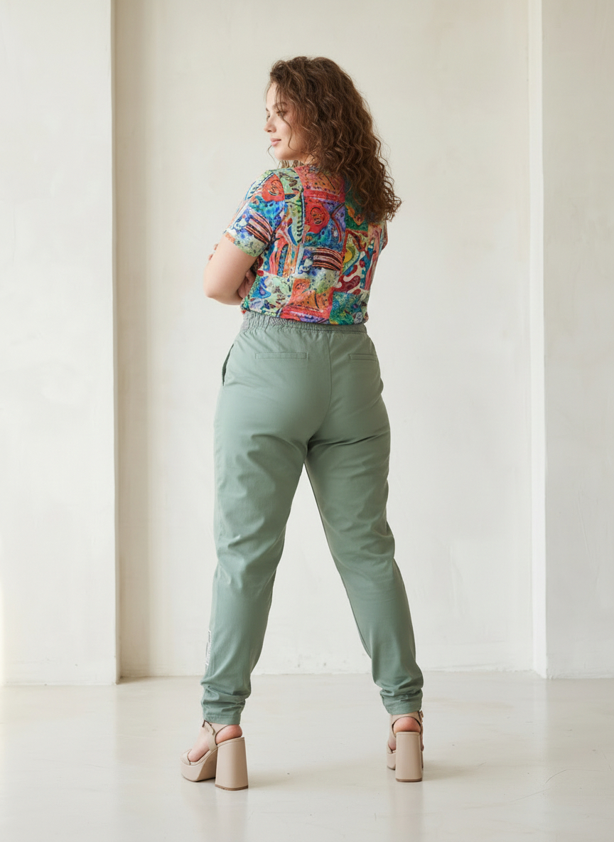 Pantaloni elastici de primăvară verde pastel cu șireturi în talie