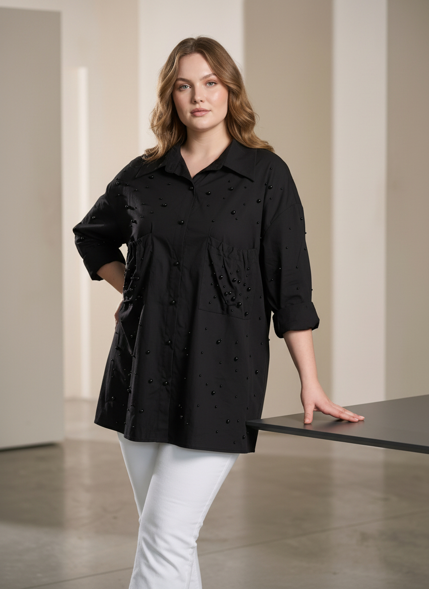 Cămașă fashion neagră cu detalii din perle plus size