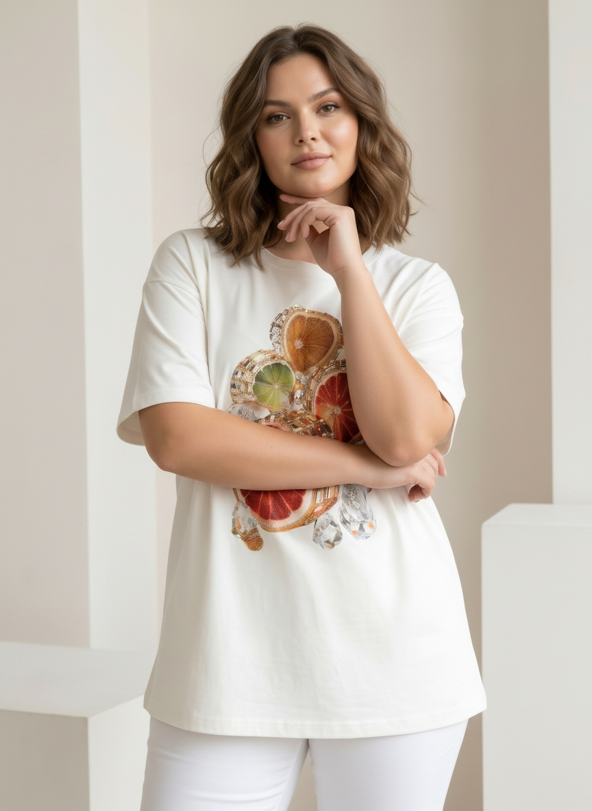 Bluză boutique cu împrimeu de fructe fresh albă