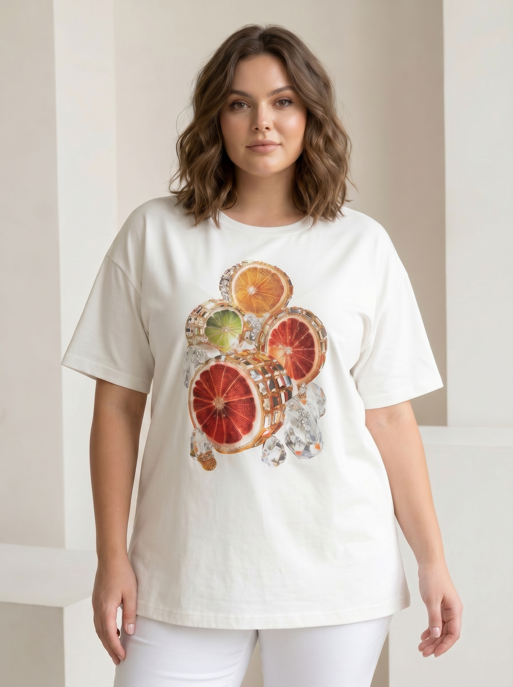 Bluză boutique cu împrimeu de fructe fresh albă