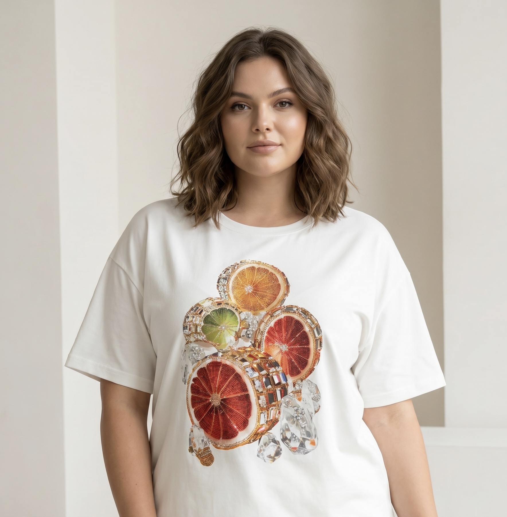 Bluză boutique cu împrimeu de fructe fresh albă