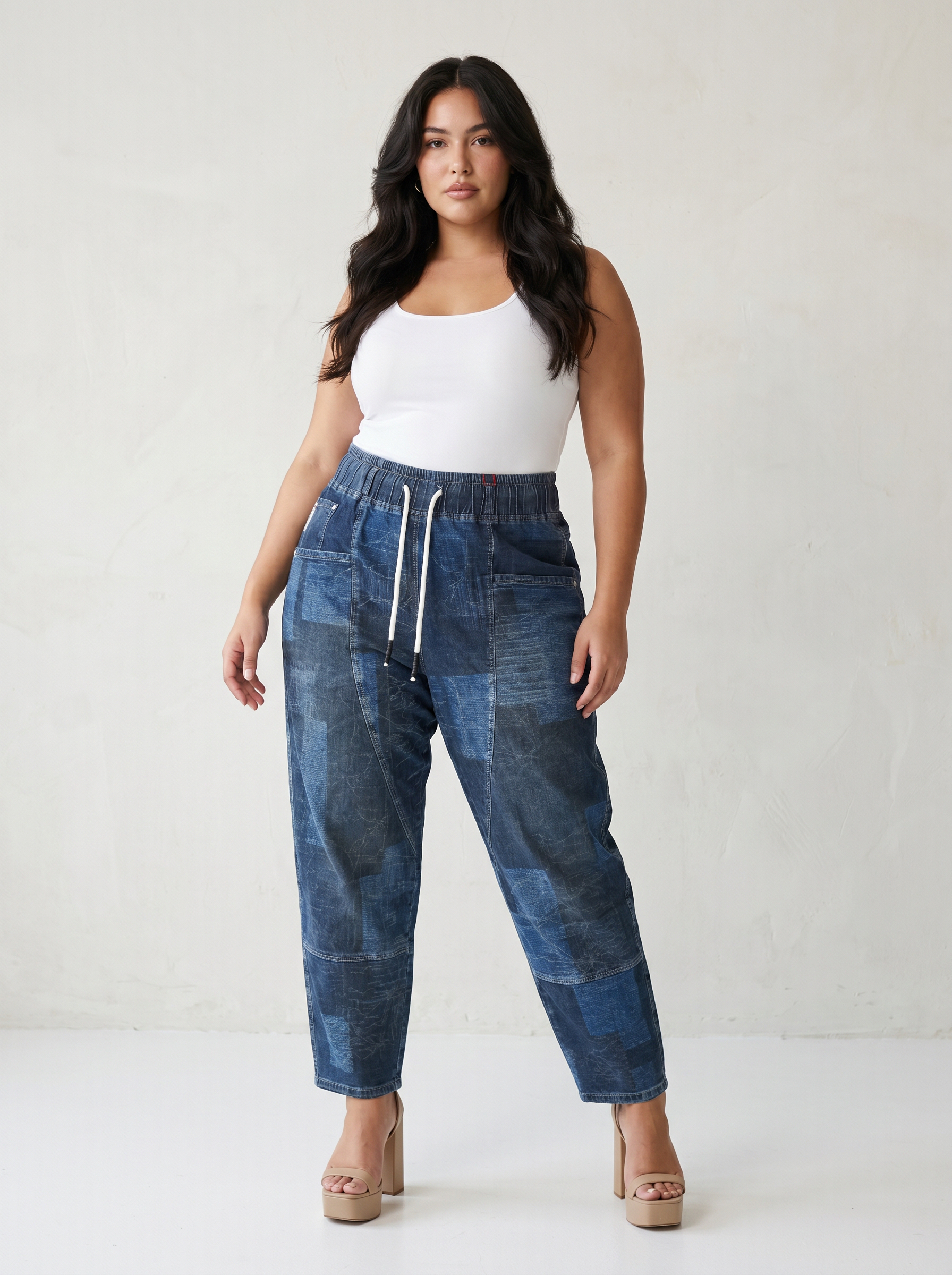Pantaloni denim casual elastici cu șnur reglabil