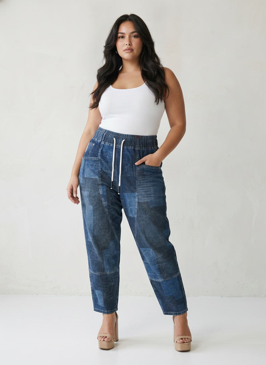 Pantaloni denim casual elastici cu șnur reglabil