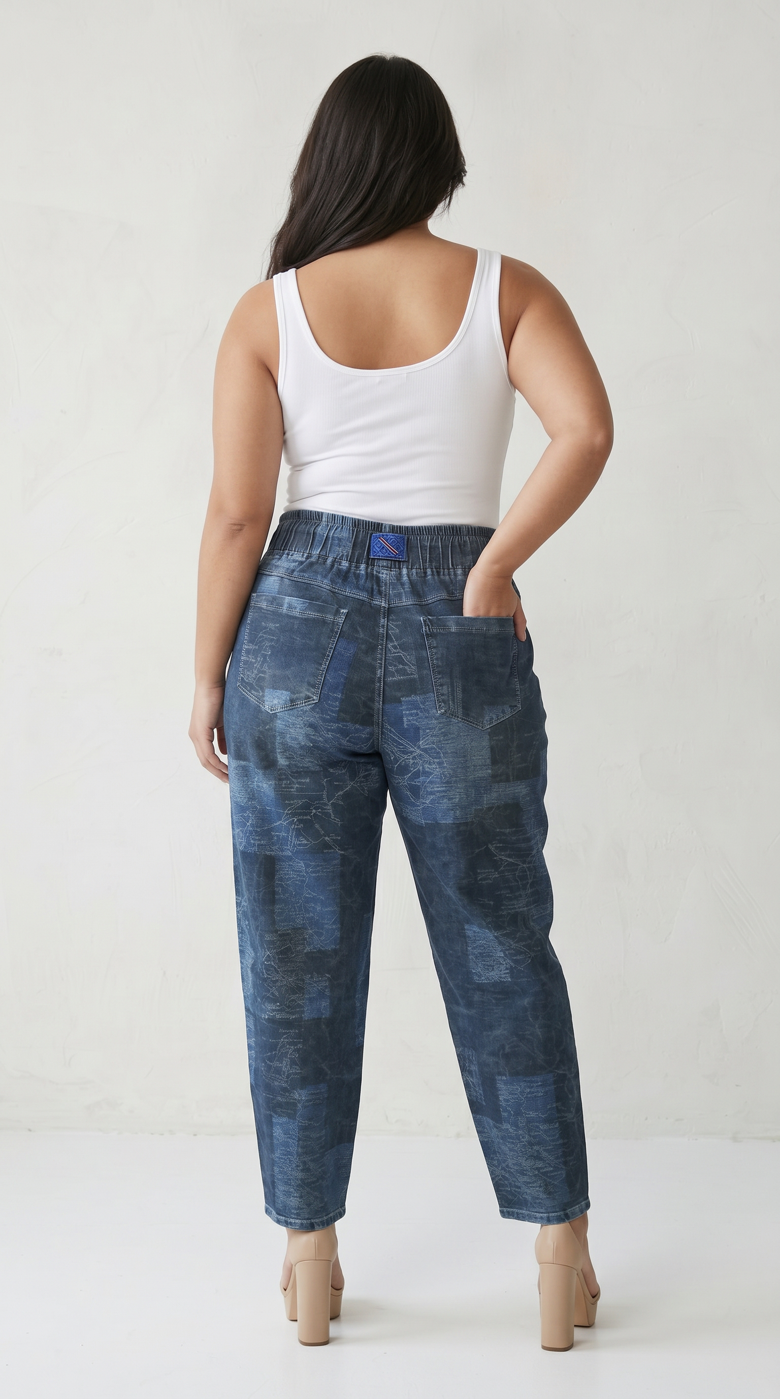 Pantaloni denim casual elastici cu șnur reglabil