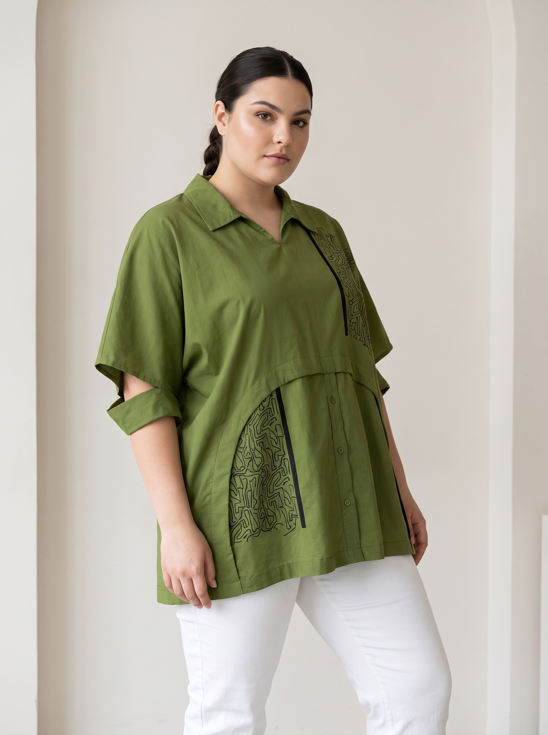 Bluză verde olive cu guler și mâneci decorative mărimi mari
