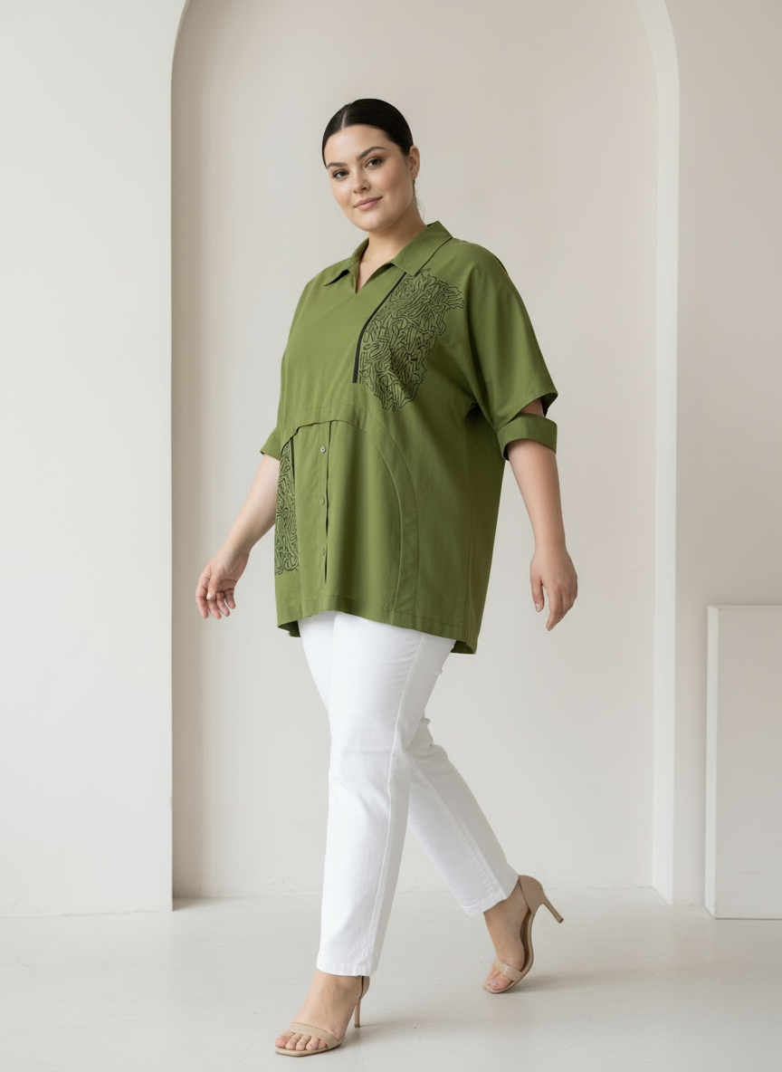 Bluză verde olive cu guler și mâneci decorative mărimi mari