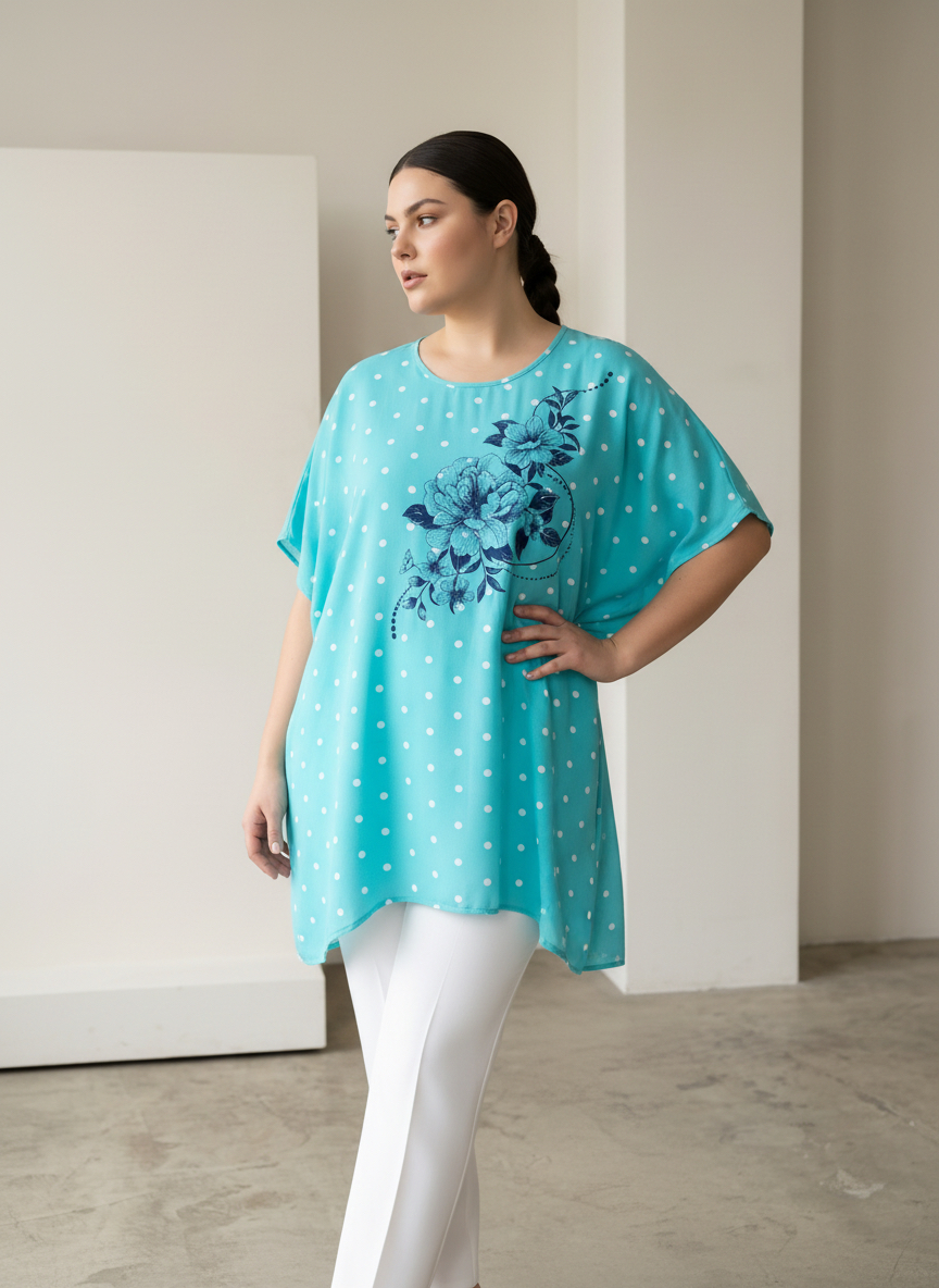 Tunică maxi lejeră de vară turcoaz cu buline material ușor