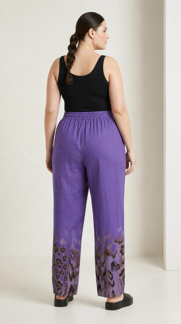 Pantaloni din in culoare mov croială lejeră cu accent animalier