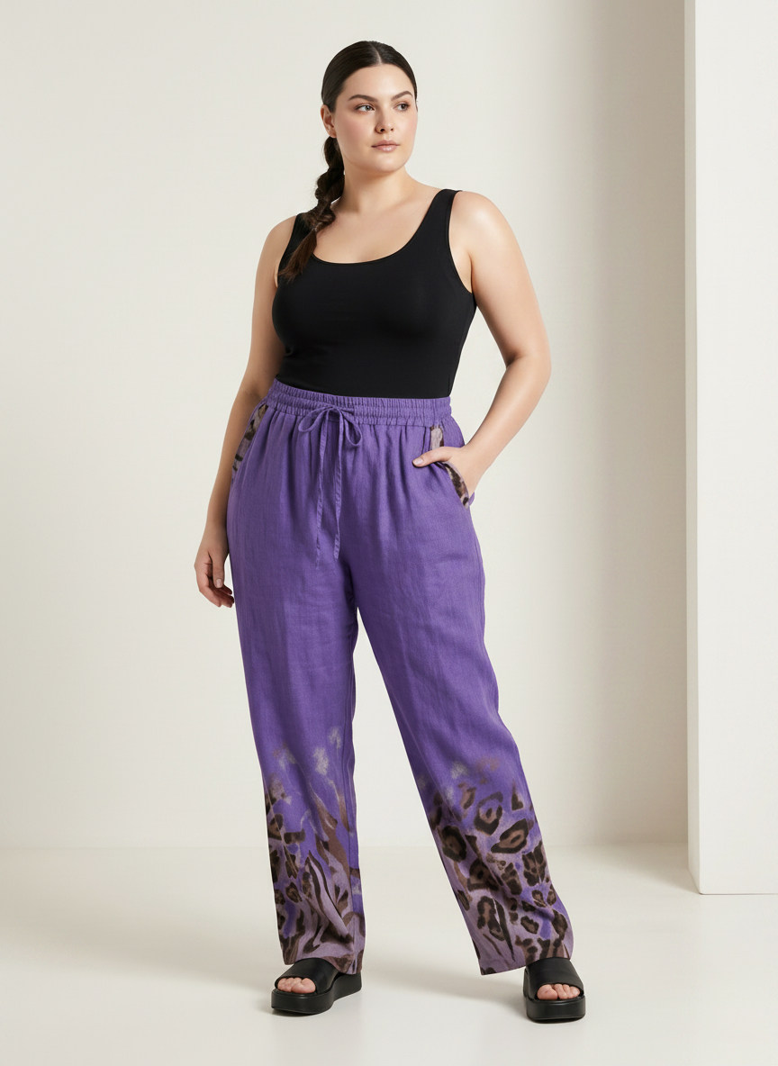 Pantaloni din in culoare mov croială lejeră cu accent animalier