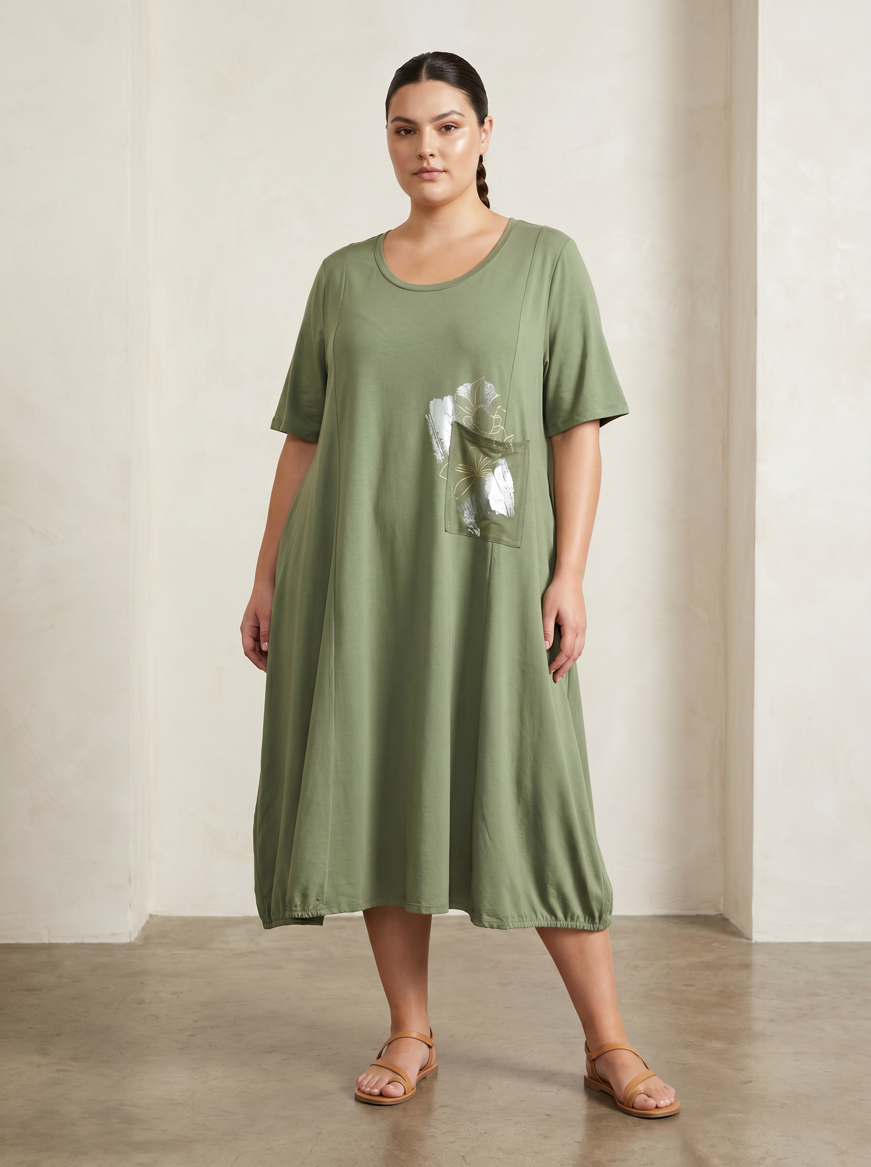 Rochie maxi de zi verde pal cu buzunar