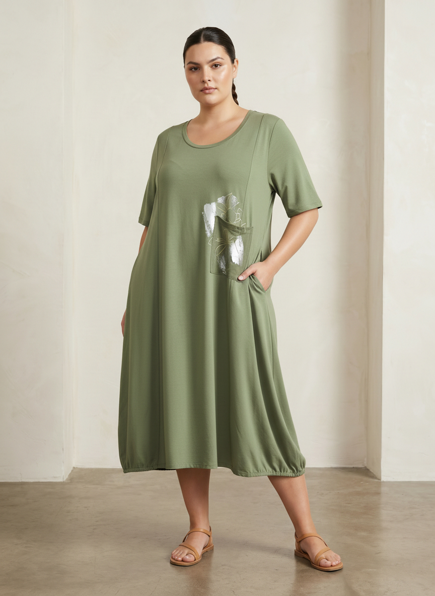 Rochie maxi de zi verde pal cu buzunar