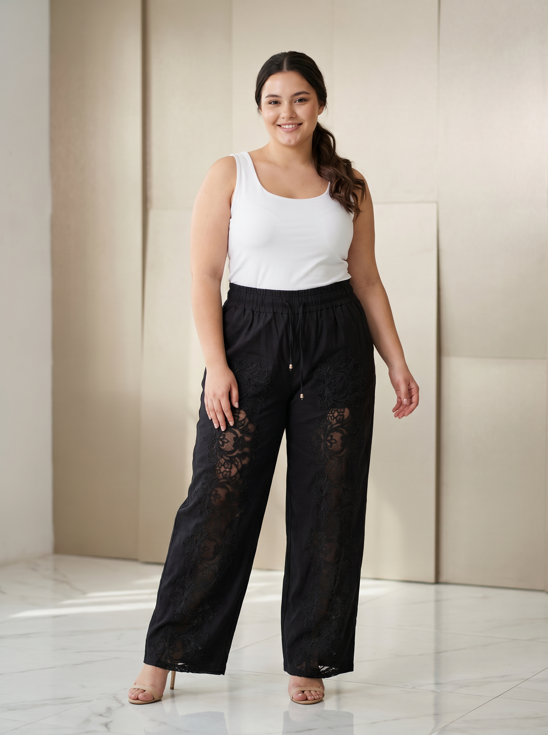 Pantaloni maxi eleganți cu broderie fină și detalii rafinate