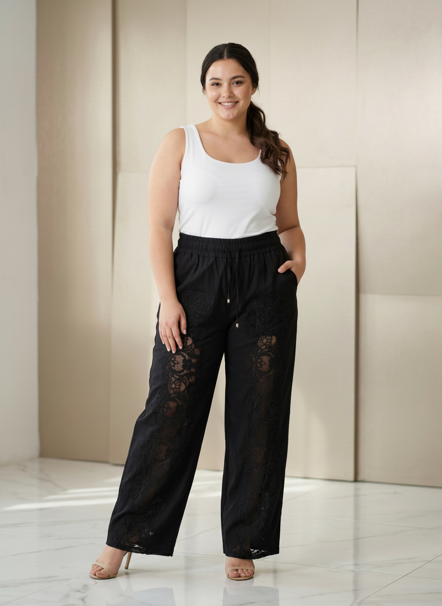 Pantaloni maxi eleganți cu broderie fină și detalii rafinate