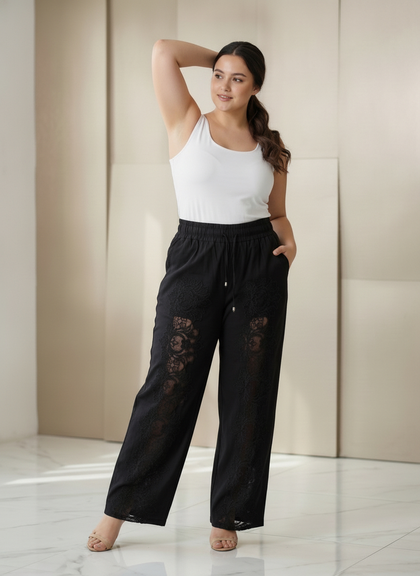 Pantaloni maxi eleganți cu broderie fină și detalii rafinate