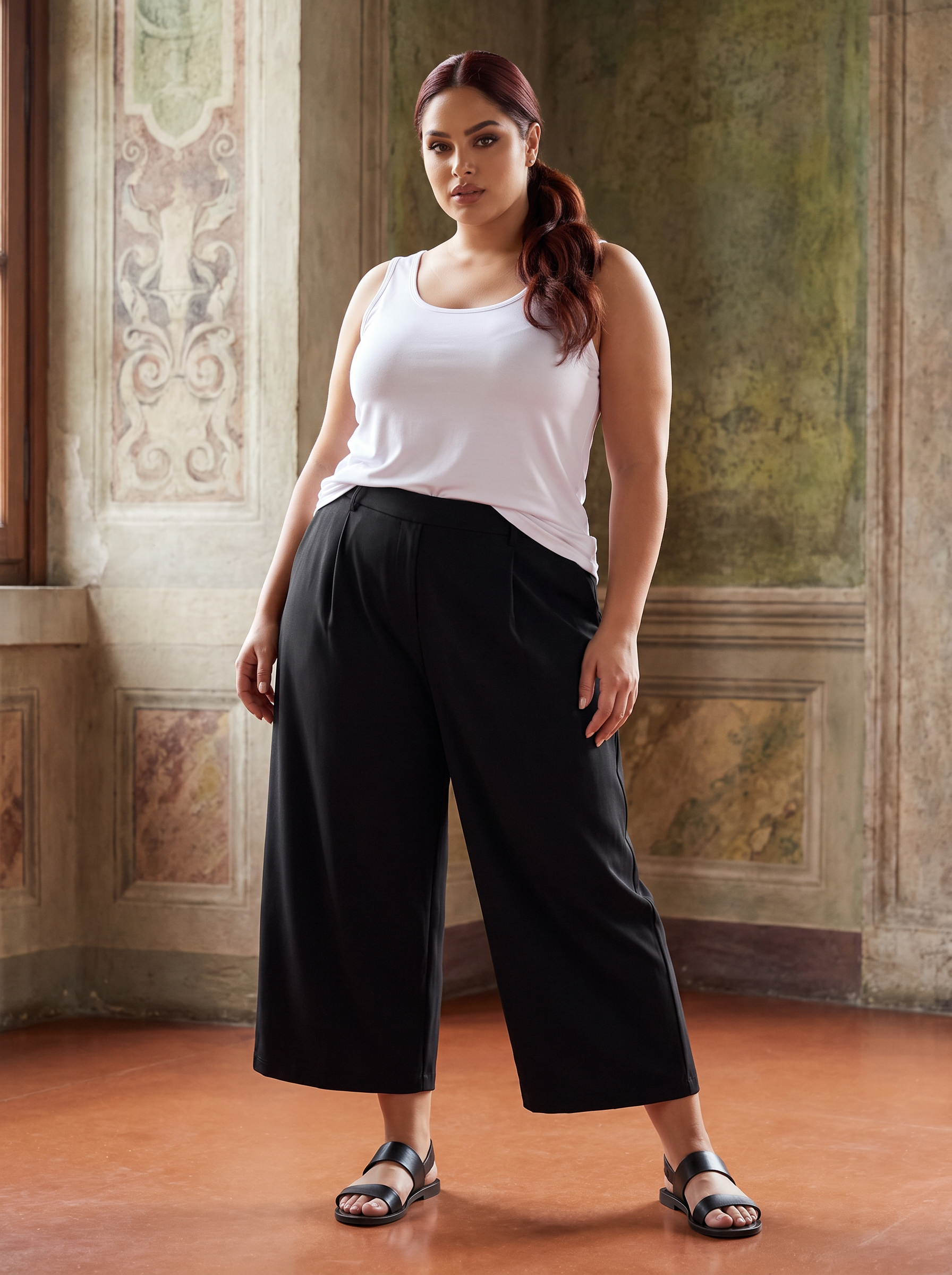 Pantaloni largi 7/8 culoare neagră cu elastic în talie