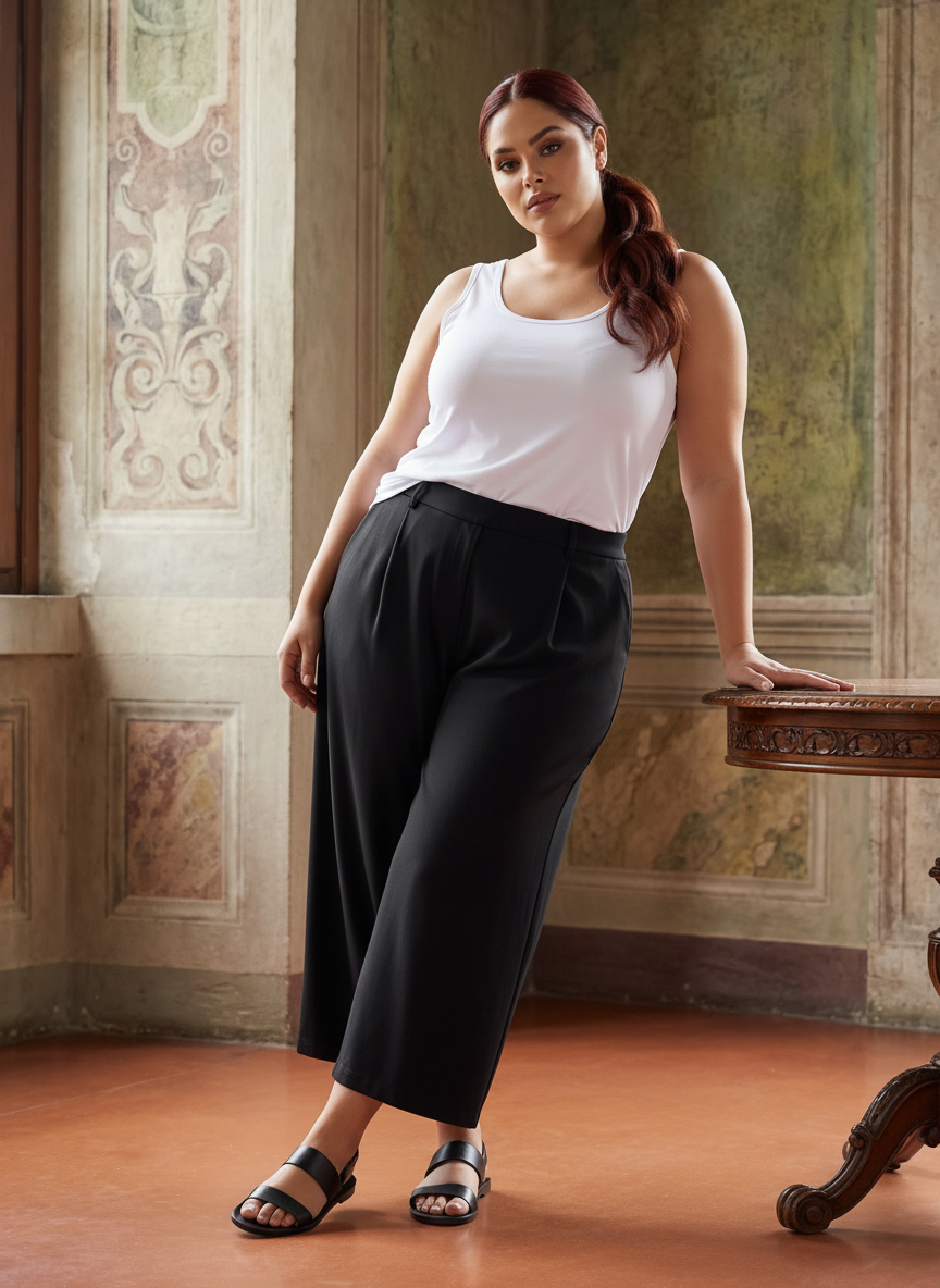 Pantaloni largi 7/8 culoare neagră cu elastic în talie