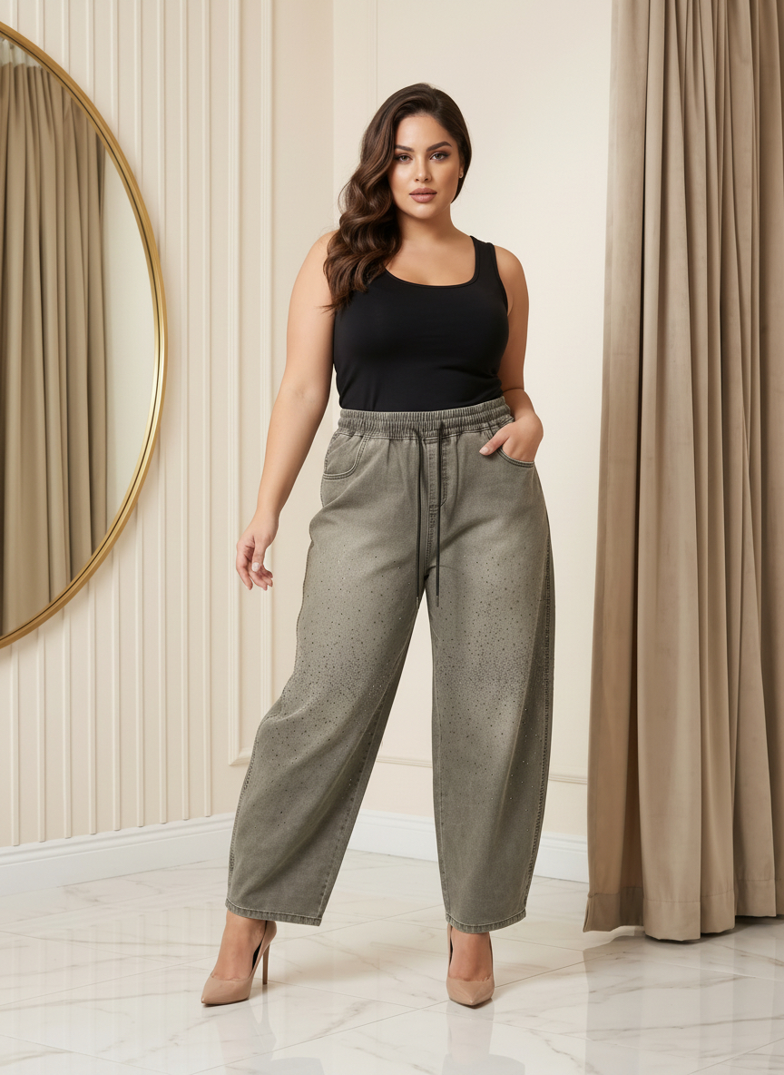 Blugi Plus Size cu cristale și croială lejeră culoare verde