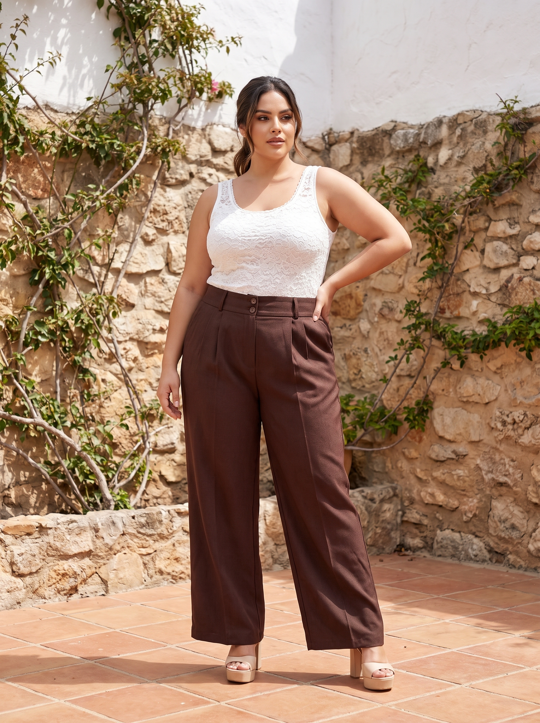 Pantaloni maxi eleganți cu croială largă și talie înaltă maro