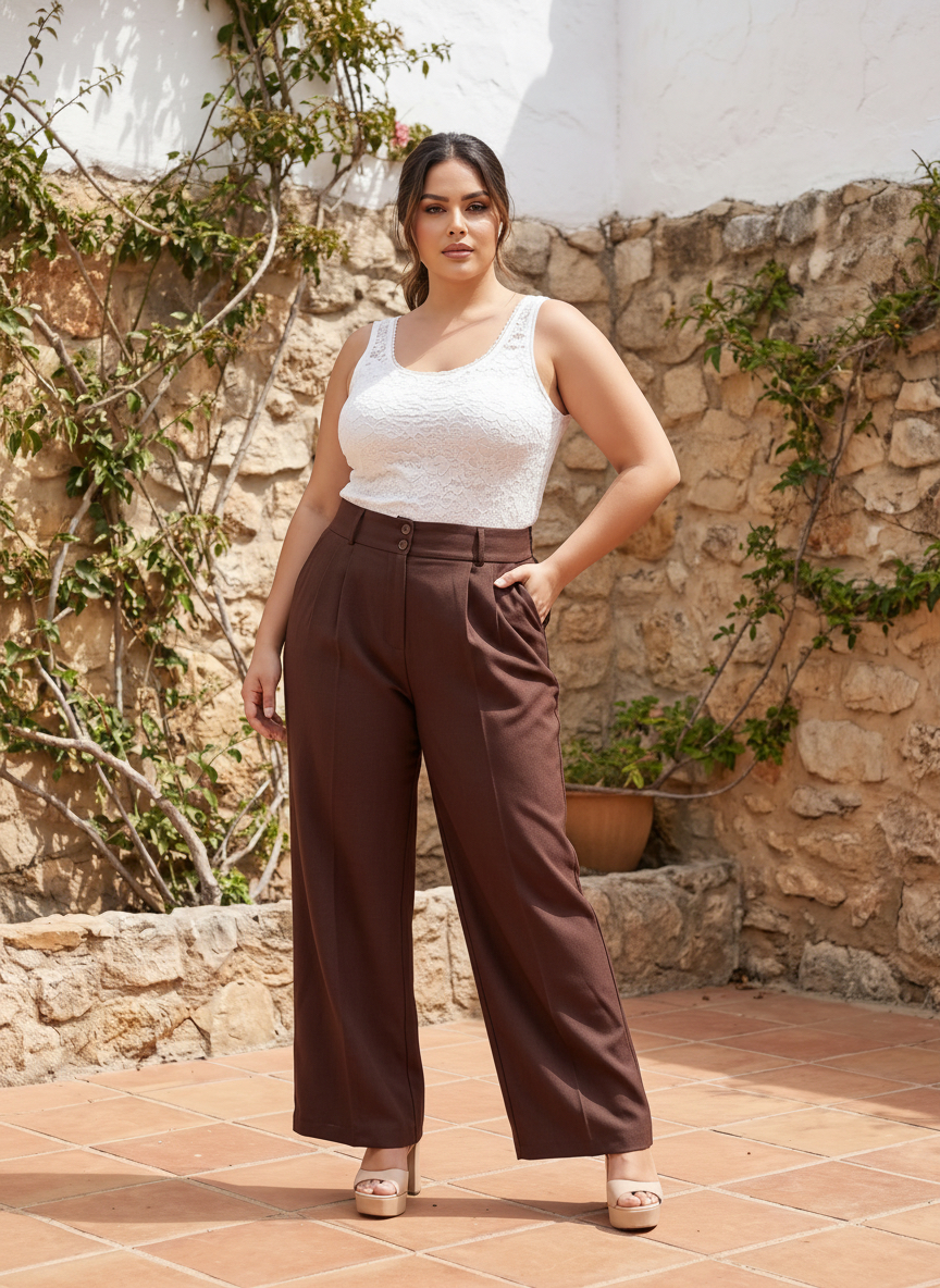 Pantaloni maxi eleganți cu croială largă și talie înaltă maro