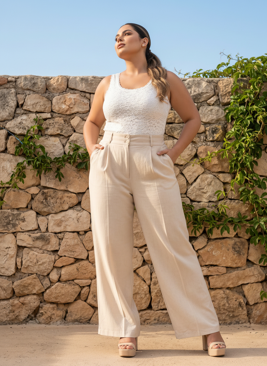 Pantaloni maxi cu croială largă și talie înaltă bej