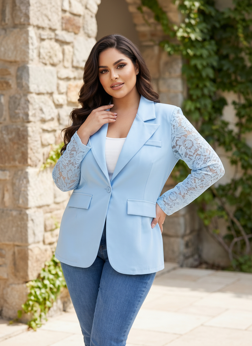 Sacou elegant de damă cu mâneci din dantelă culoare albastru senin
