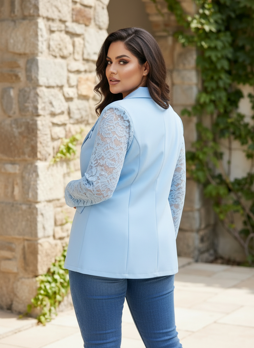 Sacou elegant de damă cu mâneci din dantelă culoare albastru senin
