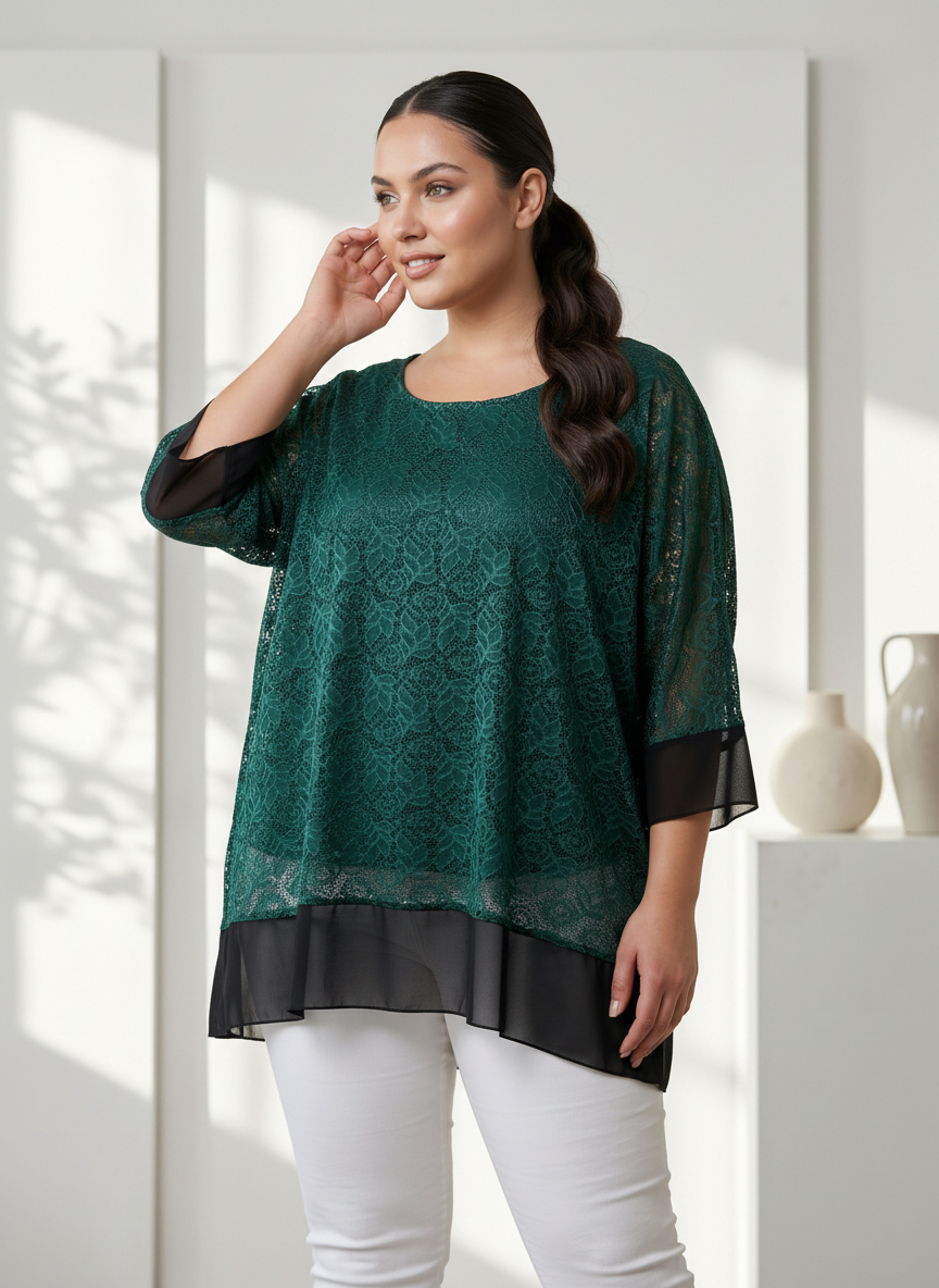 Tunică maxi elegantă din dantelă verde cu accent rafinat din șifon