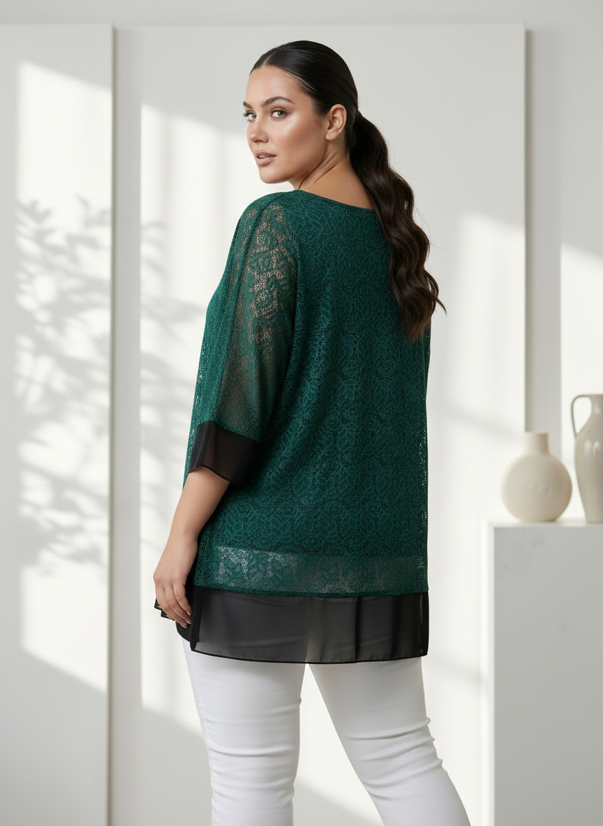 Tunică maxi elegantă din dantelă verde cu accent rafinat din șifon