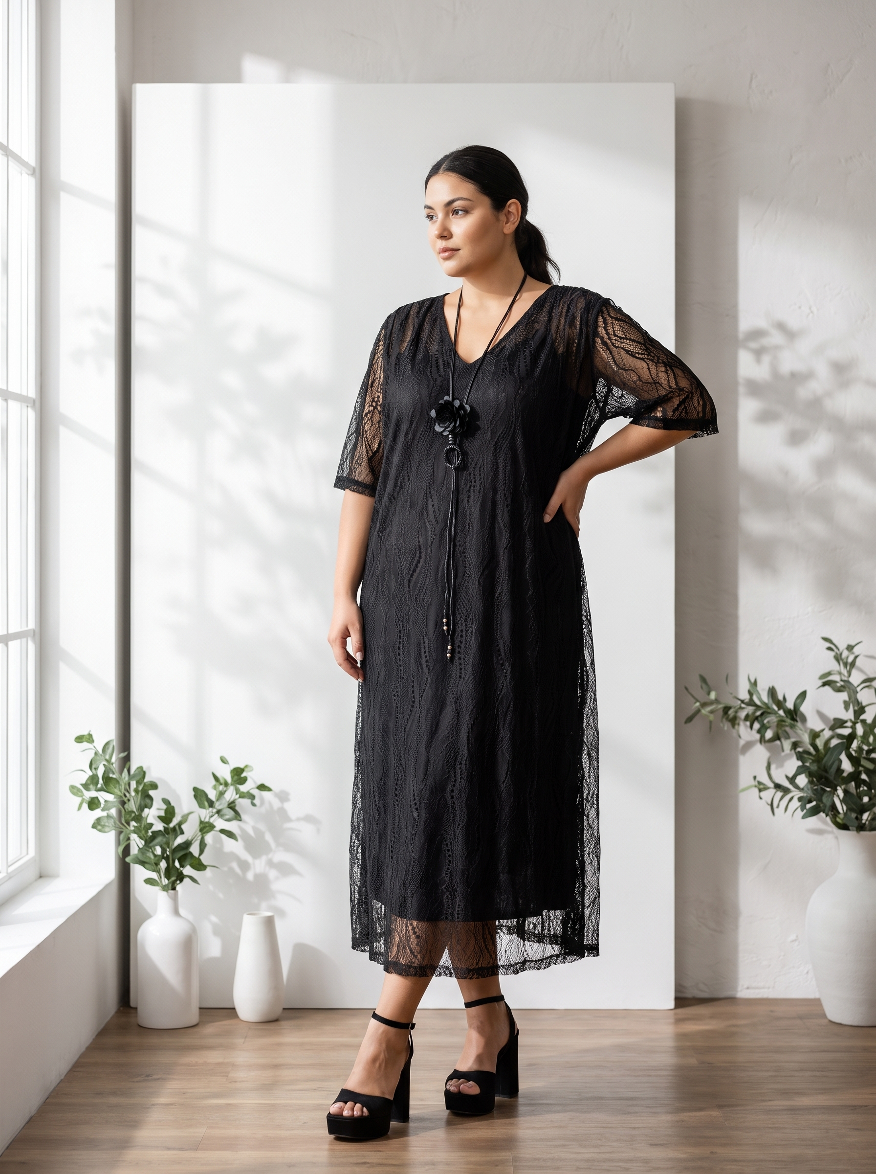 Rochie de lux croială elegantă neagră din dantelă cu colier inclus 