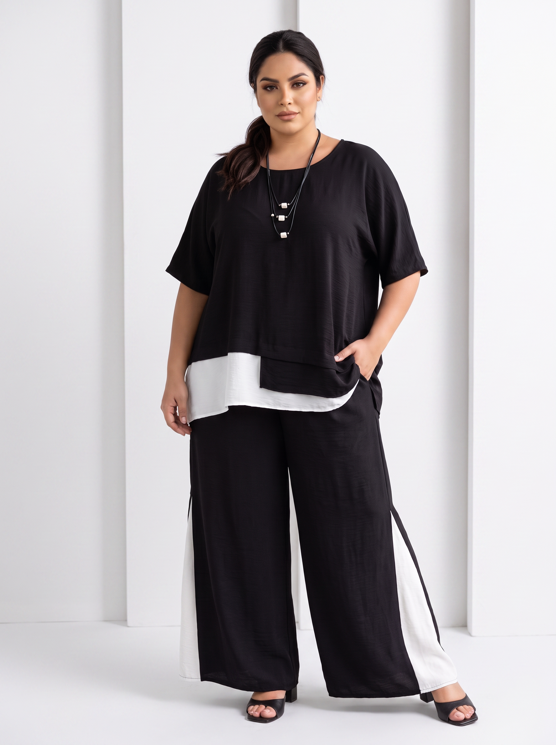 Set modern negru din bumbac cu pantaloni cu croială largă