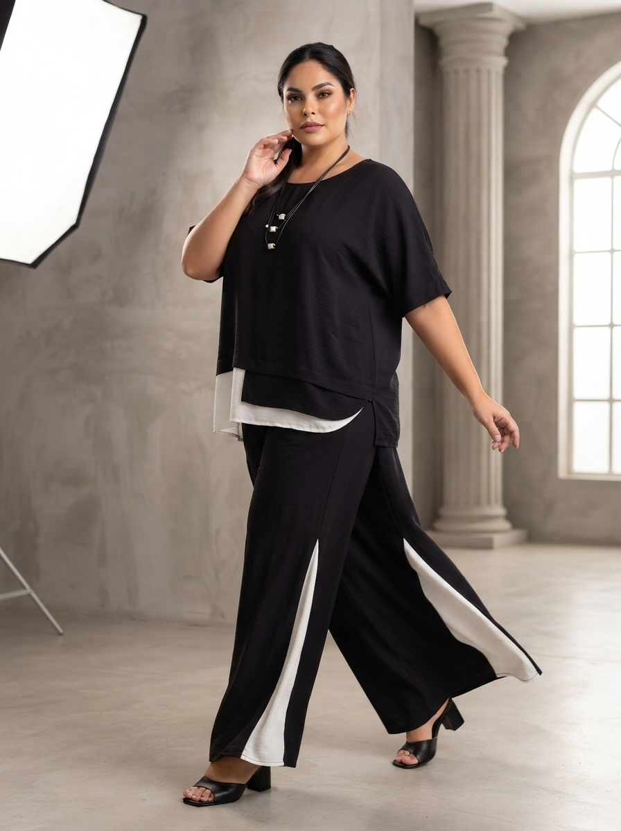 Set modern negru din bumbac cu pantaloni cu croială largă