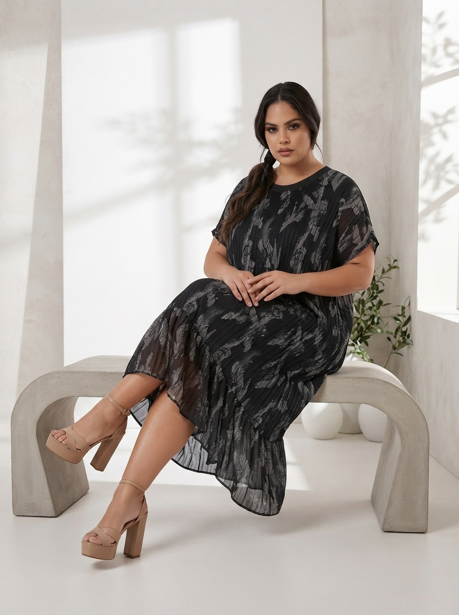 Rochie neagră cu imprimeu abstract grafit și croială elegantă