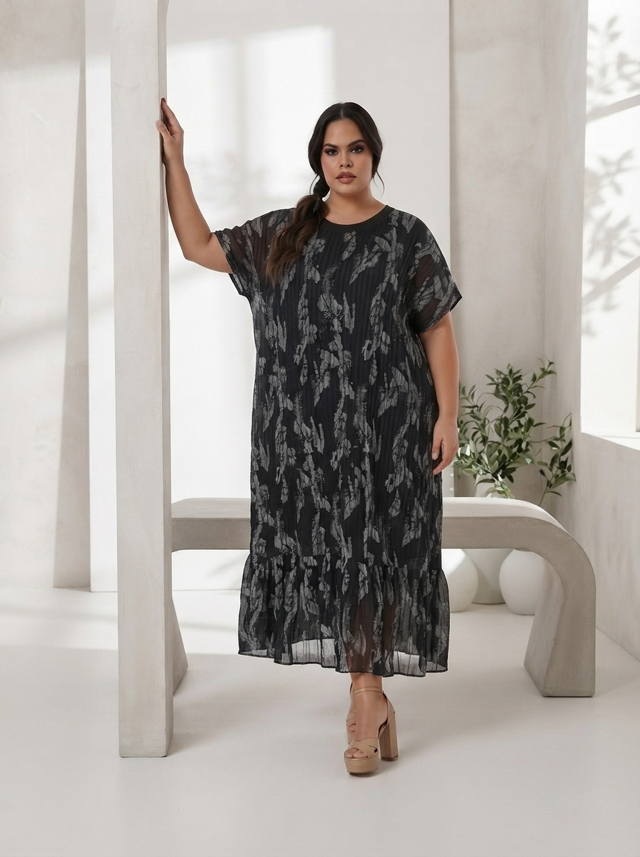 Rochie neagră cu imprimeu abstract grafit și croială elegantă